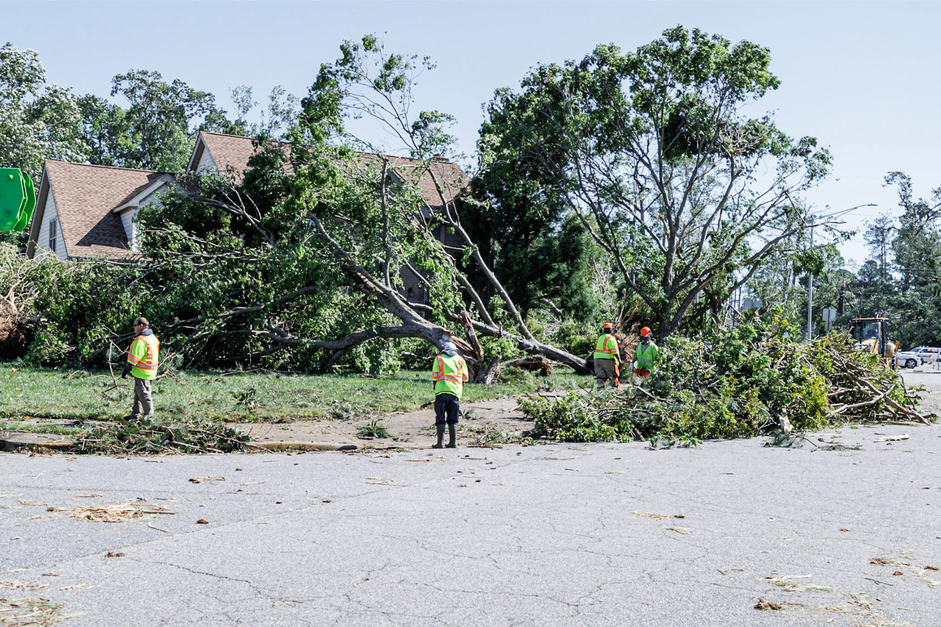 Fallen trees in yard with debris in the street