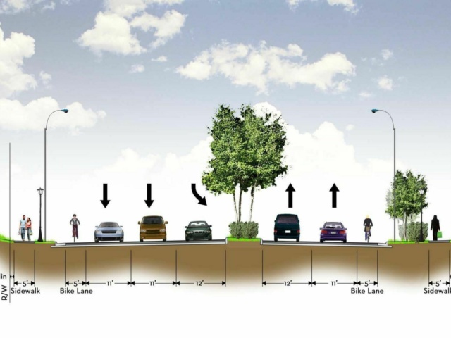 Shore Drive cross section with 3 and 2 lanes